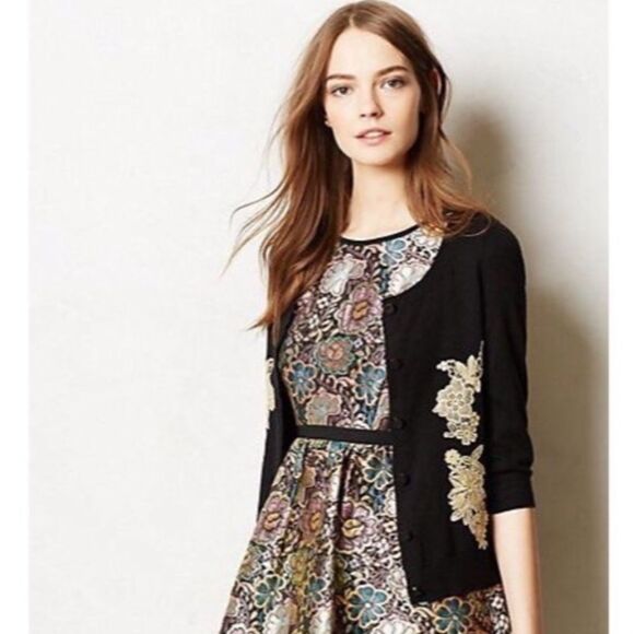 Anthropologie HWR Black Celosia Sweater with Cream Lace Accents Cashmere Blend - Picture 2 of 4